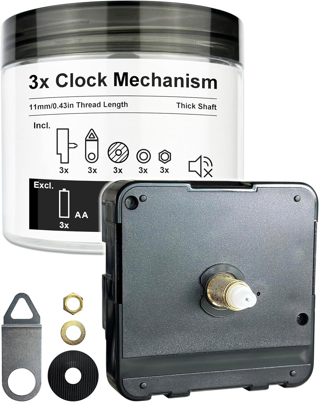 3-Pack Wall Clock Movement Kit – Sweep Second Hands, Battery Powered Quartz, 11mm Thread.